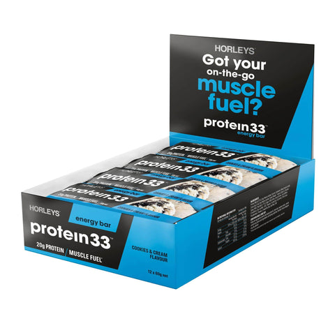 Horleys Protein 33 Energy Bars Box of 12 Cookies and Cream
